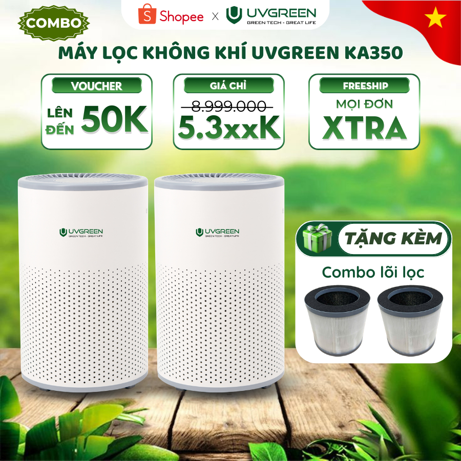 [Tặng kèm 2 lõi] Combo 2 Máy Lọc Không Khí Uvgreen KA350 Diệt vi khuẩn, Lọc Bụi Mịn, Lõi Hepa 3 lớp