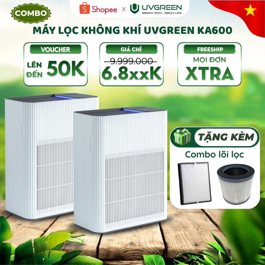 [Tặng kèm 2 lõi] Combo Máy Lọc Không Khí Diệt Khuẩn UVGREEN KA600 | 60m2, Diệt khuẩn, Lõi Lọc HEPA
