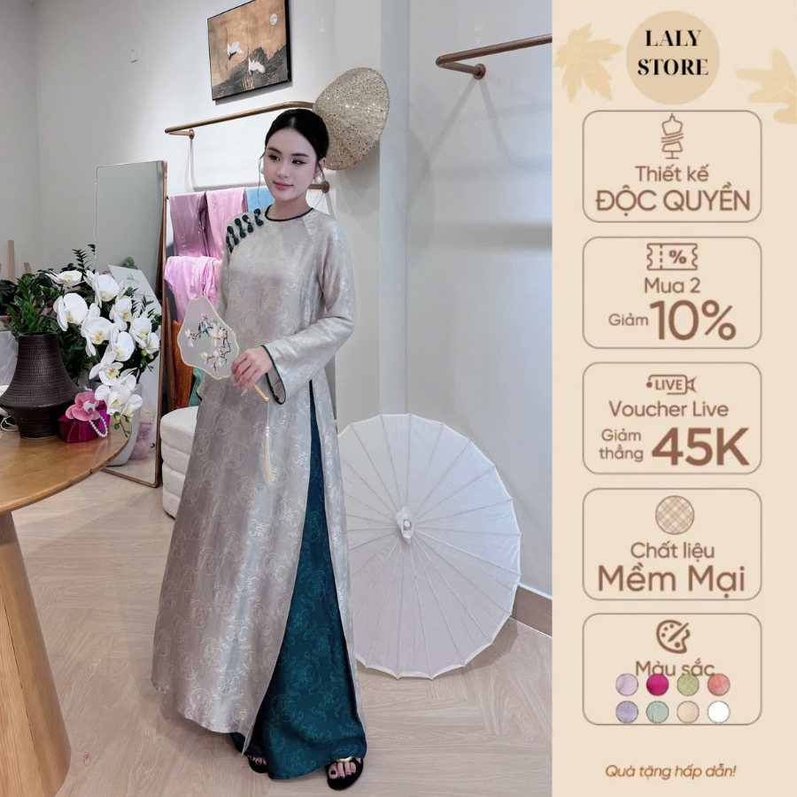 Áo dài cách tân 2 tà lụa tằm cổ tròn fom suông dài cao cấp - LALY Store PH189