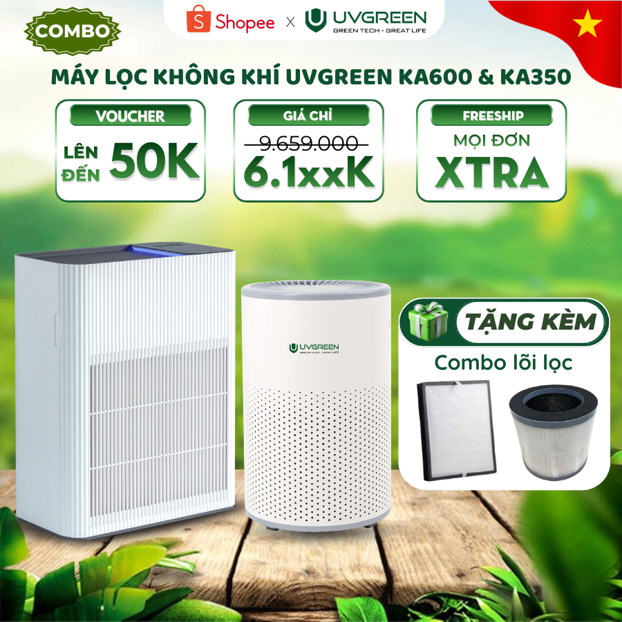 [Tặng 2 lõi] Combo 2 Máy Lọc Không Khí Diệt Khuẩn UVGREEN KA600 & KA350 Lọc Bụi Mịn, Diệt vi khuẩn
