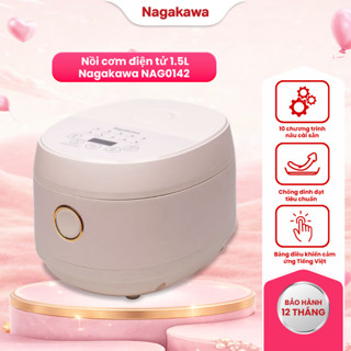 Nồi cơm điện tử 1.5L Nagakawa NAG0142, công suất 800W, 10 chương trình nấu, bảo hành 12 tháng
