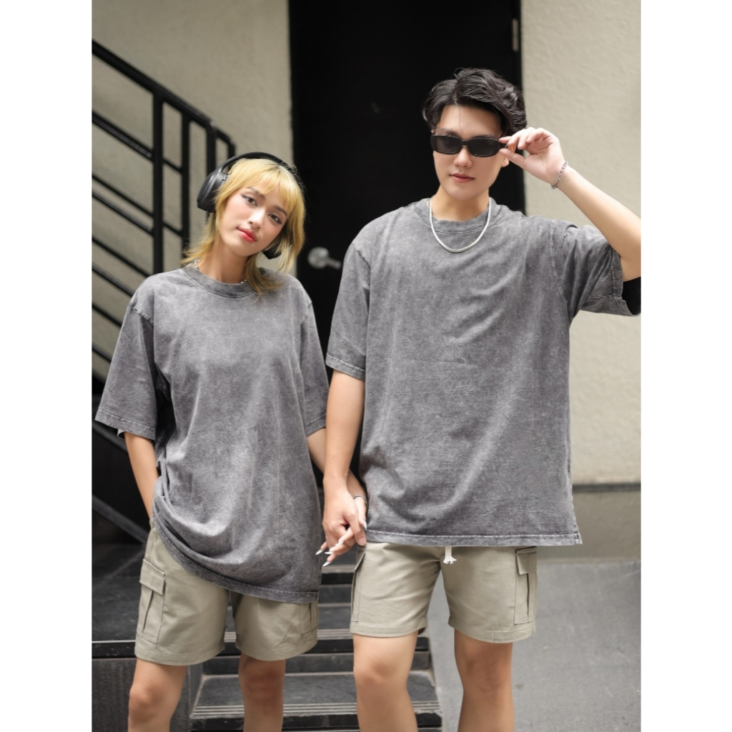 Áo thun tee wash xám form rộng Unisex, 100% Cotton cao cấp không xù lông