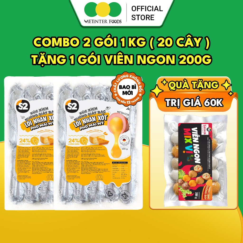 [KÈM QUÀ TẶNG] Combo 2 Gói Xúc Xích Giấy Bạc S2 Vietinter Foods Lõi Nhân Xốt Phô Mai Mỹ (Gói 500)