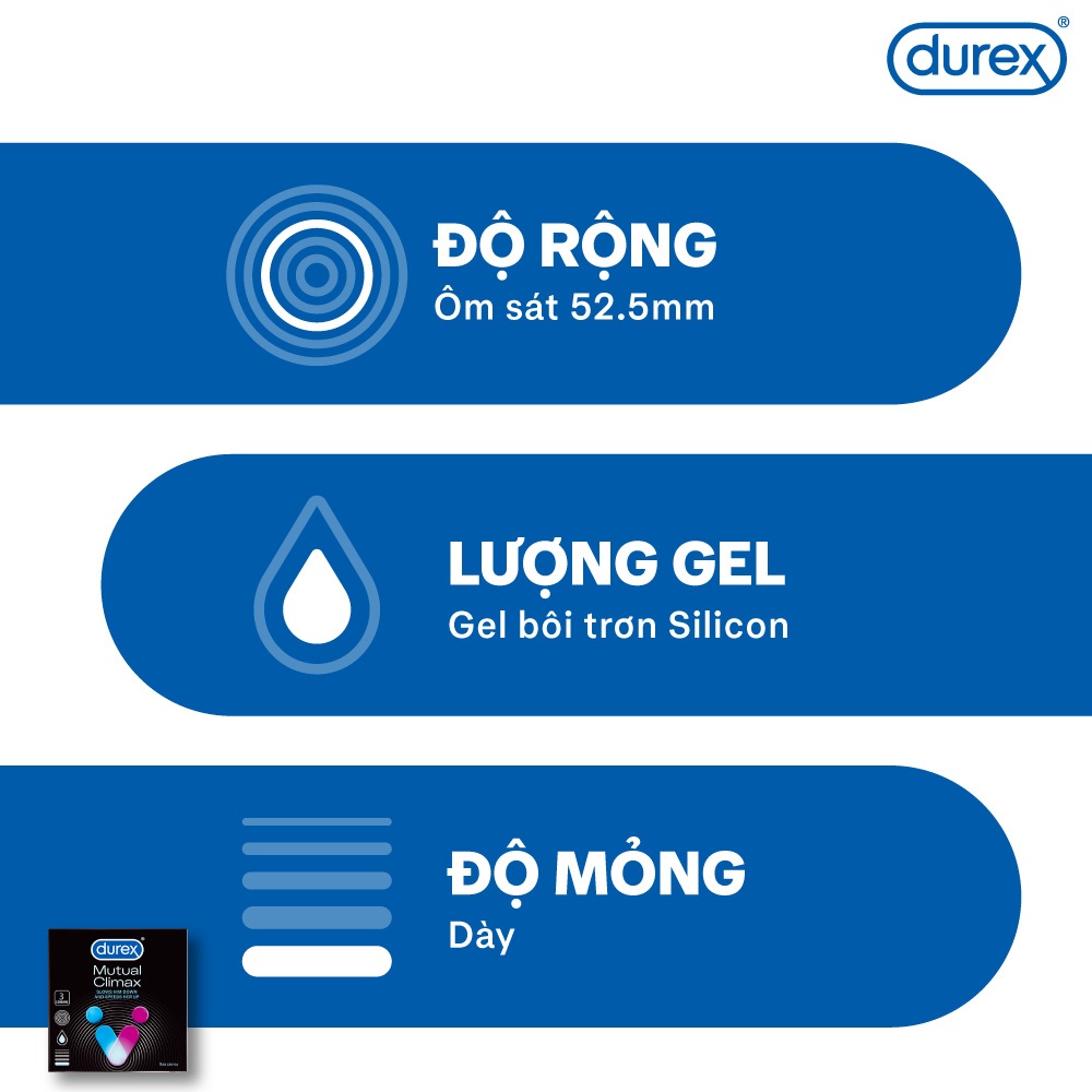 [SẢN PHẨM MỚI] Bao cao su Durex Mutual Climax kéo dài thời gian và gân gai, size 52.5 mm, hộp 3 bao | BigBuy360 - bigbuy360.vn