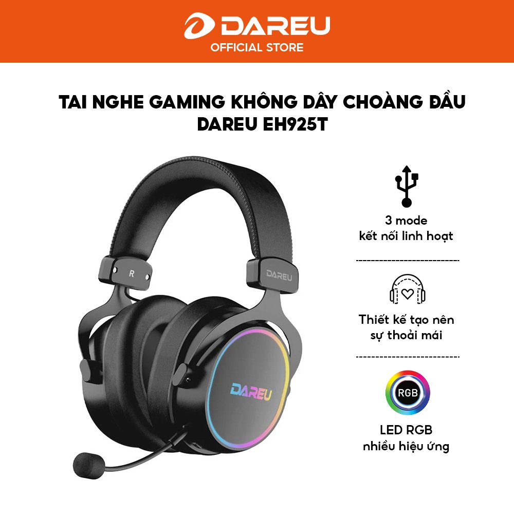 Tai nghe Gaming không dây DareU EH925T Black - Triple Mode - Driver 53mm - RGB - Bảo hành 12 tháng