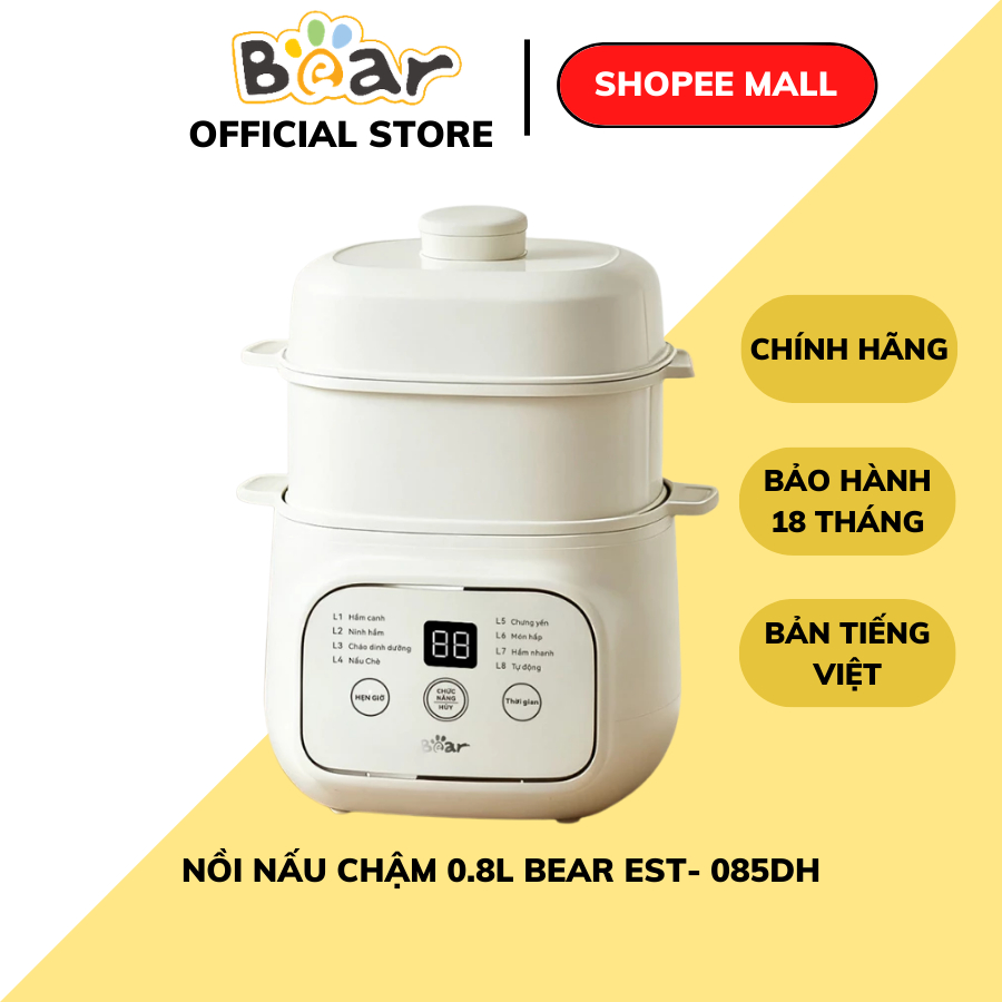 Nồi Nấu Cháo Chậm Cho Bé Đa Năng 0.8L Bear EST- 085DH, Kèm Lồng Hấp, Hẹn Giờ, Cách Thủy, BH 18 Tháng