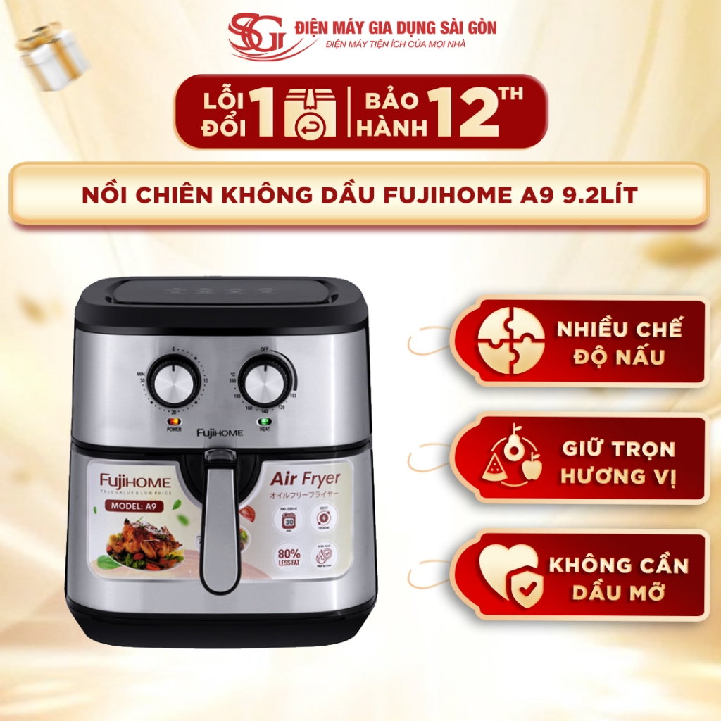 Nồi chiên không dầu Fujihome A9, 9.2 lít, màu đen, công suất 1800W