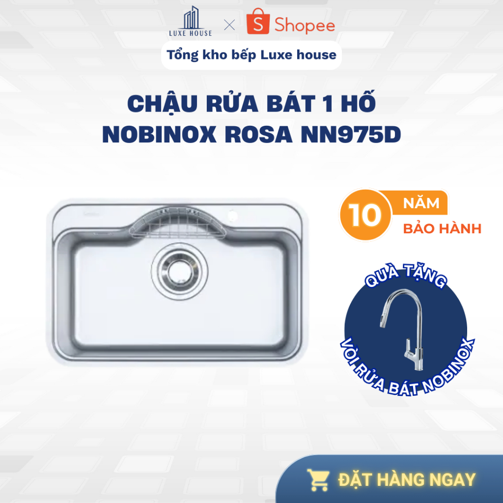 Chậu rửa bát inox 304 NOBINOX ROSA NN975D – 1 hố, vân siêu mịn chống xước - Bảo Hành 10 Năm
