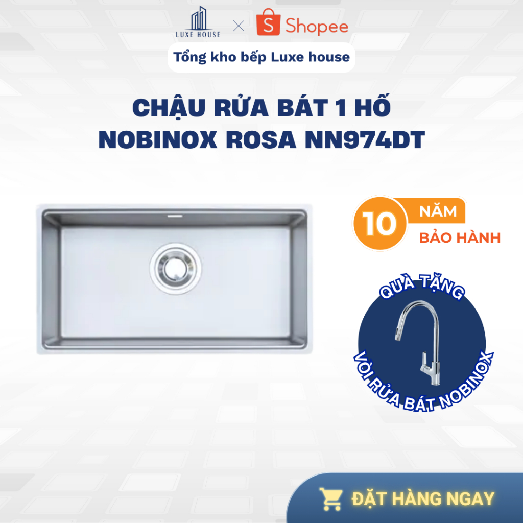 Chậu rửa bát 1 hố NOBINOX ROSA NN974DT–Chậu inox 304 vân siêu mịn chống xước, lòng sâu rộng+phụ kiện