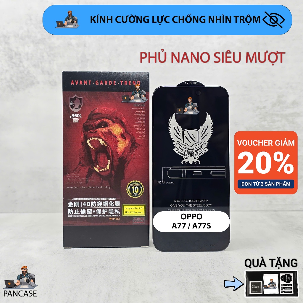 Cường lực Oppo A77s, A77 PANCASE chống nhìn trộm  full màn | Miếng kính dán bảo vệ màn hình cho oppo