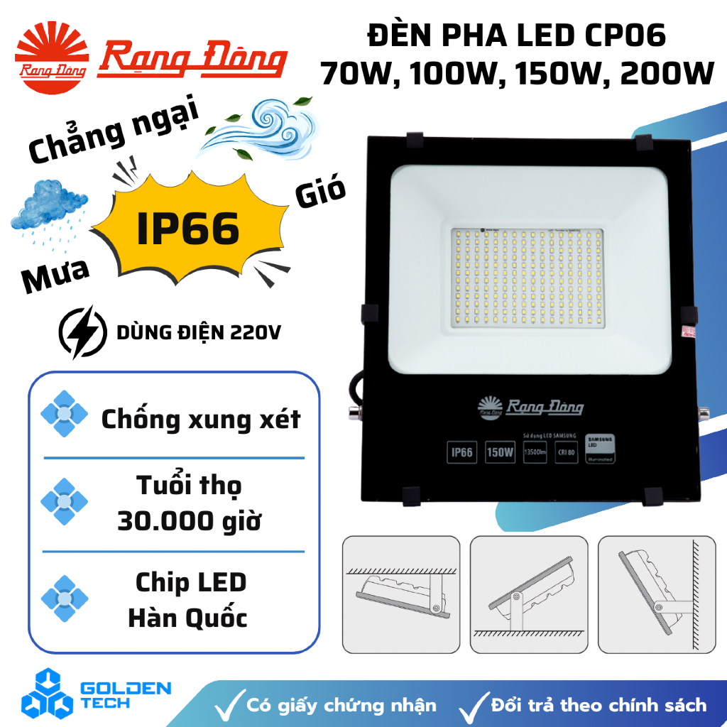 [Rạng Đông] Đèn LED chiếu pha CP06 70W, 100W, 150W, 200W Ánh sáng trắng, vàng Chống nước IP66