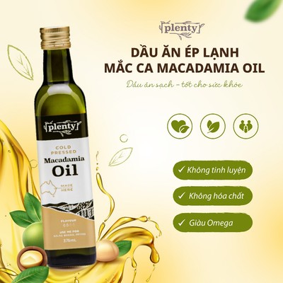 Dầu ăn ép lạnh Mắc Ca 375ml, Plenty Úc giàu Omega 7 và chất chống oxy hóa, cho bé ăn dặm