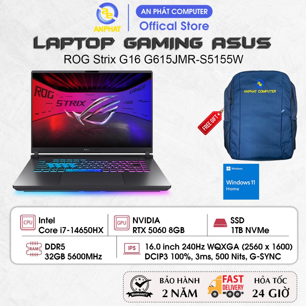 Laptop ASUS ROG Strix G16 G615JMR-S5155W, Core i7-14650HX, RTX 5060 8GB, 32GB RAM, 1TB, 16.0 QHD+ 24