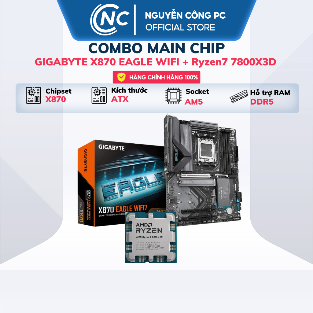 Combo CPU AMD Ryzen 7 7800X3D Tray  +  Mainboard Gigabyte X870 EAGLE WIFI DDR5 - BH 36 tháng