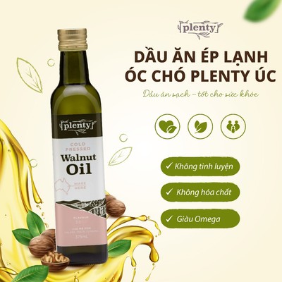 Dầu ăn ép lạnh Óc Chó 375ml Plenty Úc, Giàu Omega 3 Tốt cho não bộ và trí nhớ, dùng cho salad, súp