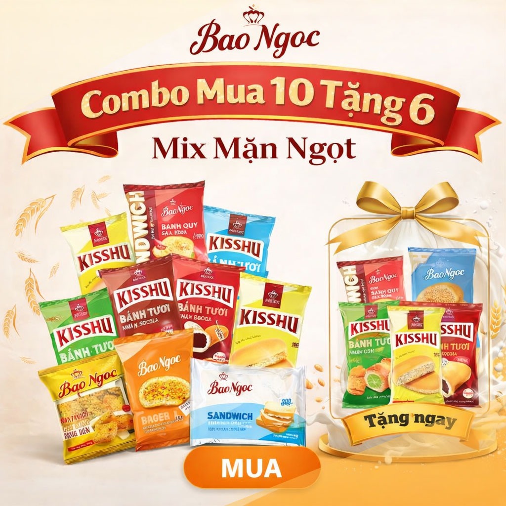 [10 tặng 6] Bánh mì tươi Bảo Ngọc ăn sáng trưa tối tặng 6 bánh đầy đủ các vị