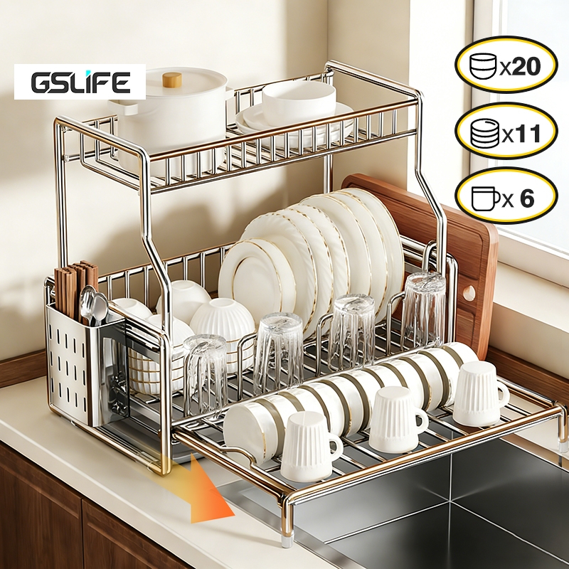 Gslife Kệ Úp Chén Bát 2 Tầng Inox - Có Khe Cắm Thớt & Ống Đũa, Đa Năng