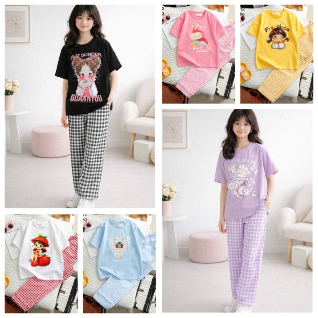 Bộ quần áo bé gái Janshop, set bộ thời trang bé gái quần suông thô mềm áo cotton 20-50kg mã BkG112