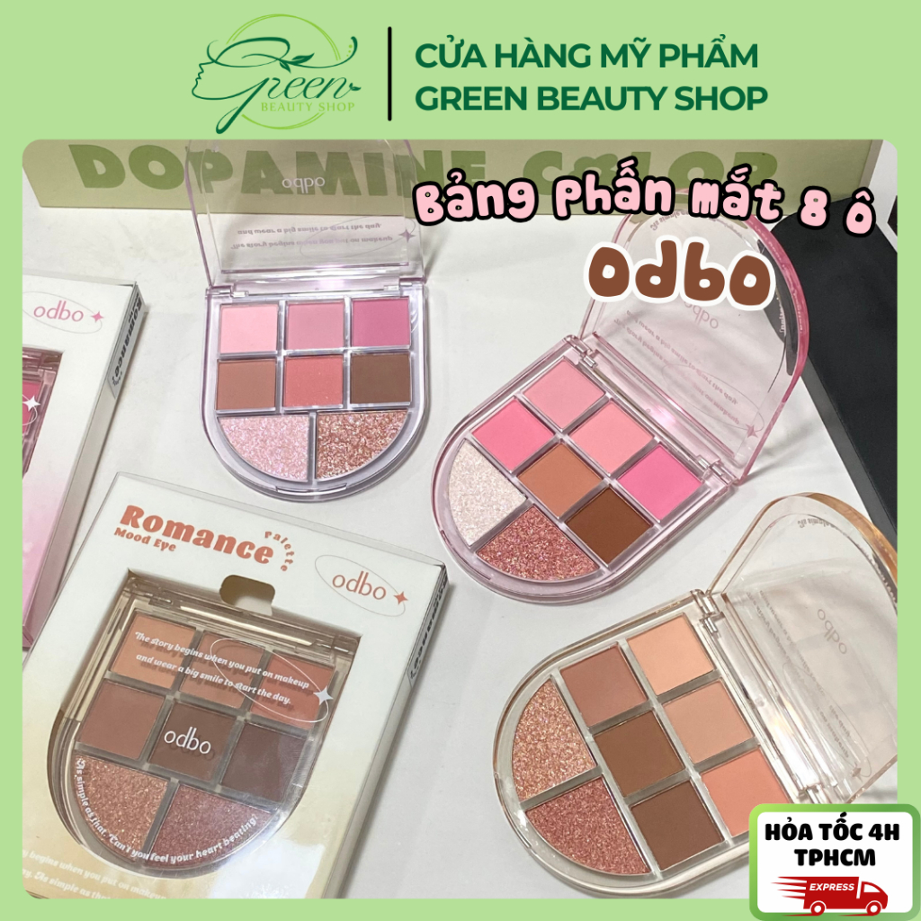 Bảng Phấn mắt 8 Ô Odbo Romance Mood Eye Palette gồm ánh nhũ và màu lì Green Cosmetics