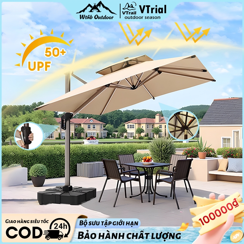 Ô Lệch Tâm Vuông 3m Mái Chéo Cao Cấp Ngoài Trời Khung Nhôm Xoay 360° Dù Che Nắng Sân Vườn Café