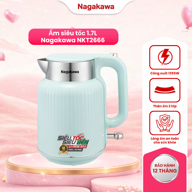 Bình đun siêu tốc 1.7L Nagakawa, ấm siêu tốc đun nước NKT2666, chất liệu inox 304, bảo hành 12 tháng