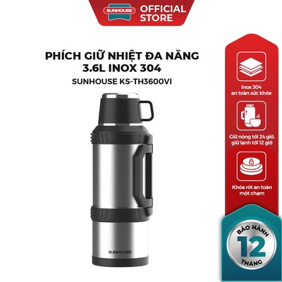 [OUTLET] Phích giữ nhiệt đa năng 3.6L inox 304 Sunhouse KS-TH3600VI - Inox 304 - Quai xách gấp gọn tiện lợi