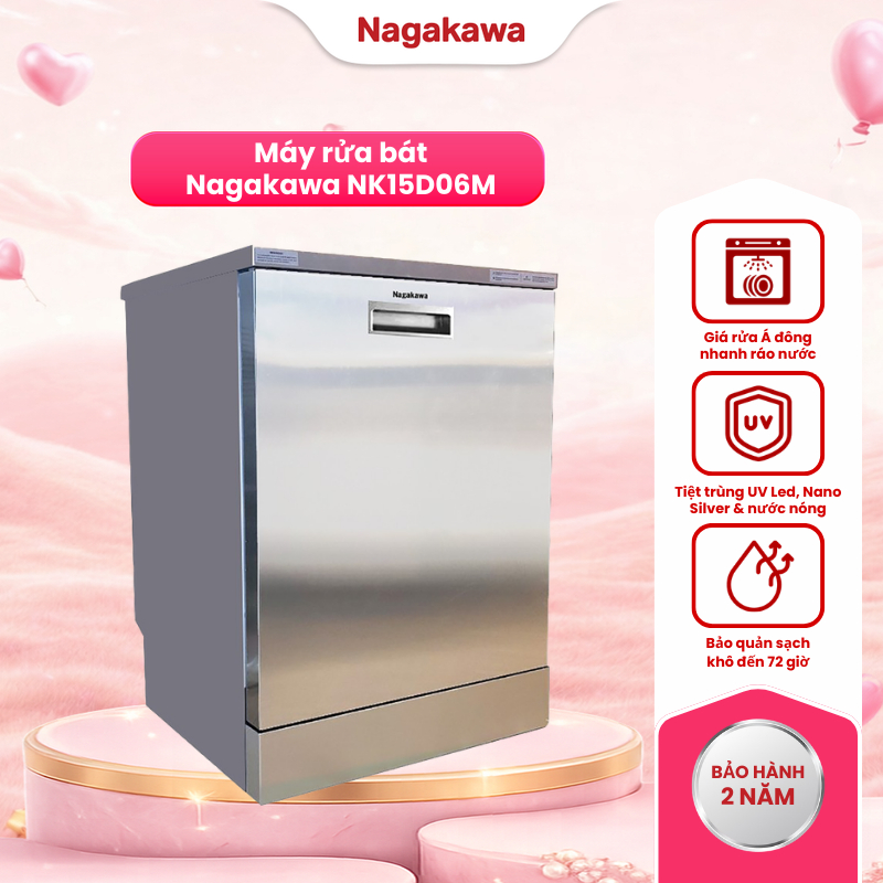 Máy rửa bát 15 bộ Nagakawa NK15D06M, diệt khuẩn UV Led, Nano Silver, bảo hành 2 năm