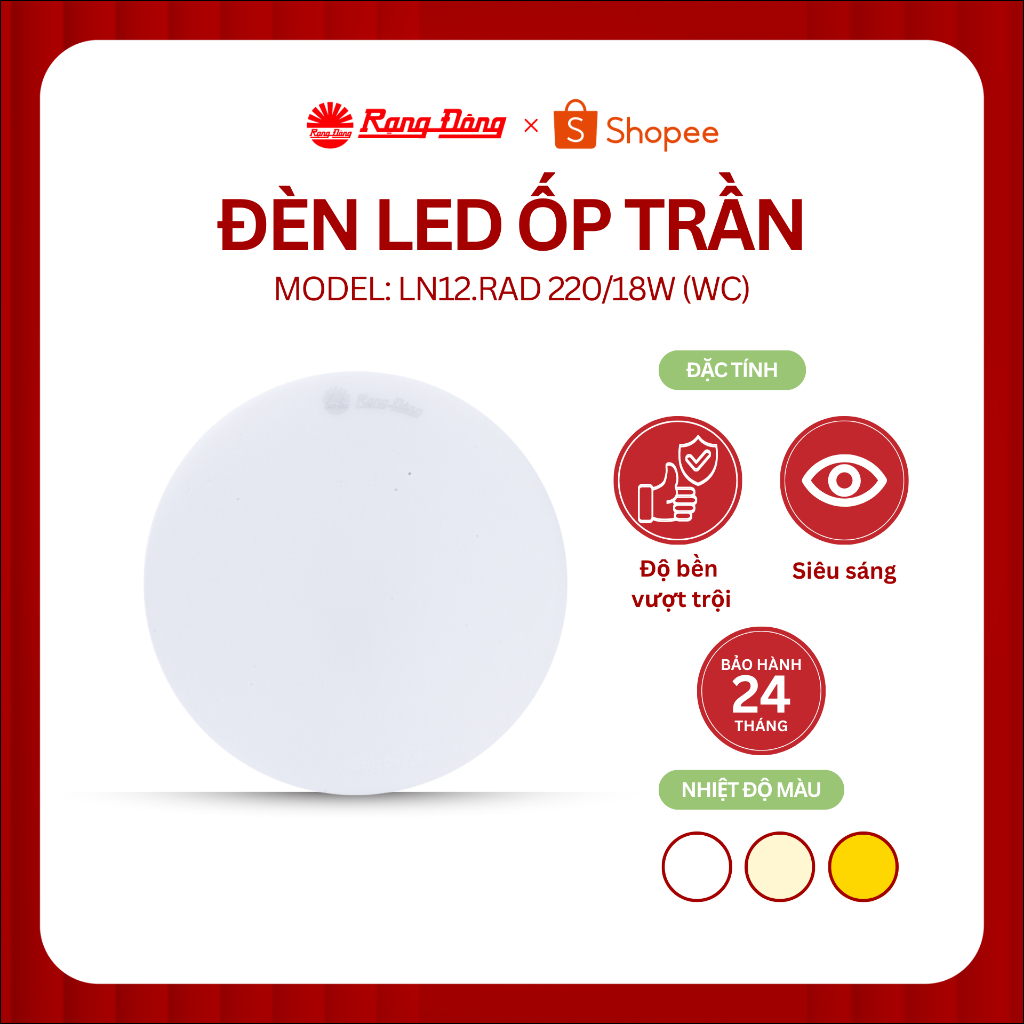 Đèn LED ốp trần tròn cảm biến chuyển động Rạng Đông model LN12.RAD