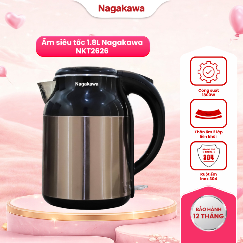 Ấm đun siêu tốc, bình siêu tốc đun nước 1.8L Nagakawa NKT2626, sôi nhanh, tiết kiệm thời gian, bảo h
