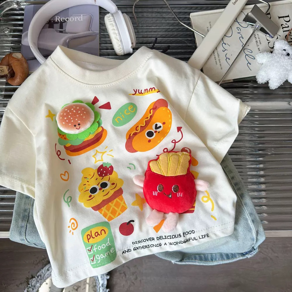 [HÀNG HOT] Áo Phông Trẻ Em Fast Food Mix Hình Dán Nổi 3D Siêu Mlem - Đồ Bộ Bé Trai Bé Gái Mặc Nhà Đi