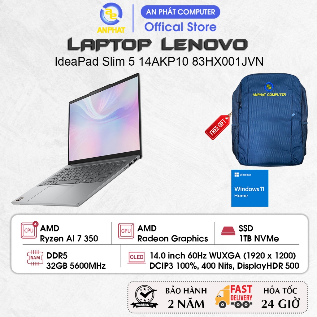 Laptop Lenovo IdeaPad Slim 5 14AKP10 83HX001JVN, Ryzen AI 7 350, 32GB RAM, 1TB SSD, 14.0 FHD+ OLED H
