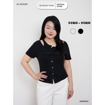 Áo kiểu cổ lật khoét vai đính nơ BIGSIZE (55kg đến 95kg) – 26HAP003 - [BU Bigsize Young]