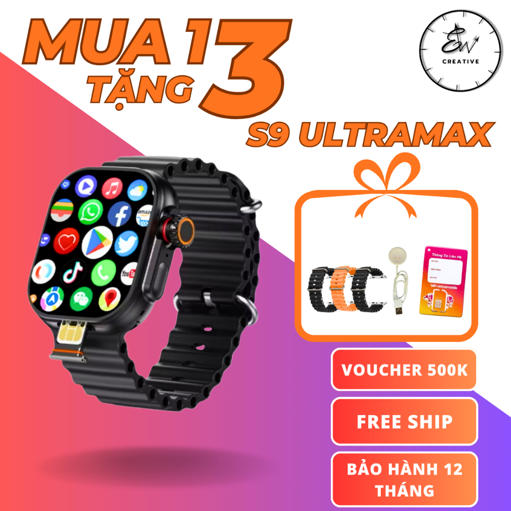 [RAM 4GB, BỘ NHỚ 64GB] ĐỒNG HỒ THÔNG MINH LẮP SIM EWATCH S9 ULTRA MAX – TẢI ỨNG DỤNG, MÀN SUPER AMOL