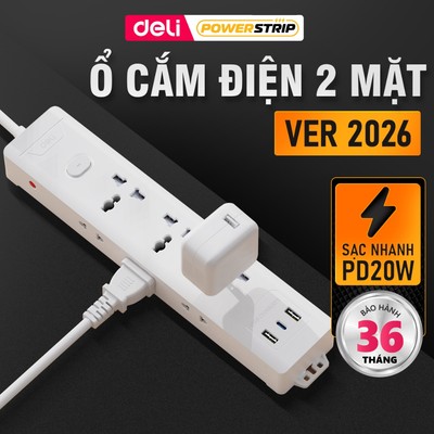 Ổ Cắm Điện Deli Tích Hợp Sạc Nhanh Type C 20W Dành Cho Điện Thoại Laptop Công Suất 2500W Chống Cháy Ổ Cắm Điện Đa Năng