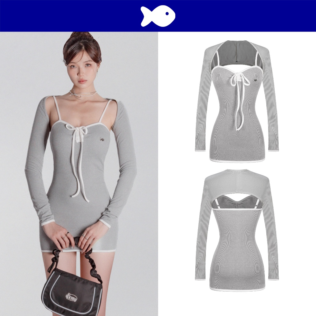 Váy 2 dây kèm áo khoác ngoài DKMV màu xám phối viền trắng dáng ngắn ôm thắt nơ đáng yêu Eunji Dress 