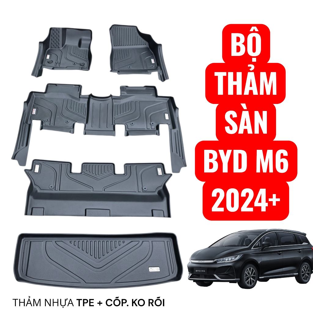 BYD M6: FULL bộ thảm lót sàn+ cốp MAXXCAR nhựa TPE NGUYÊN SINH đúc 5D tràn viền xe điện BYD M6 2024+