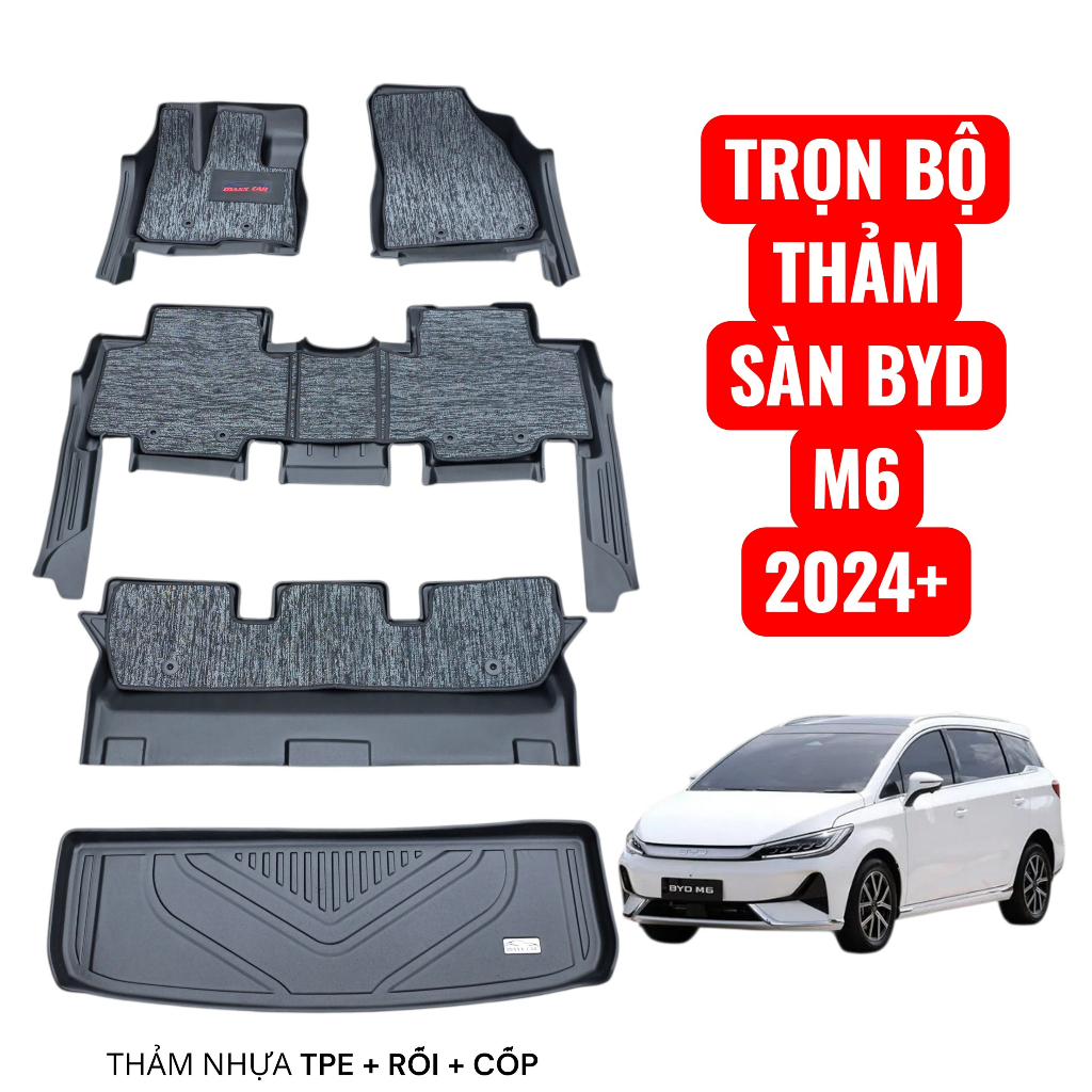 BYD M6: Trọn bộ thảm lót sàn, cốp MAXXCAR nhựa TPE NGUYÊN SINH đúc 5D tràn viền xe điện BYD M6 2024+