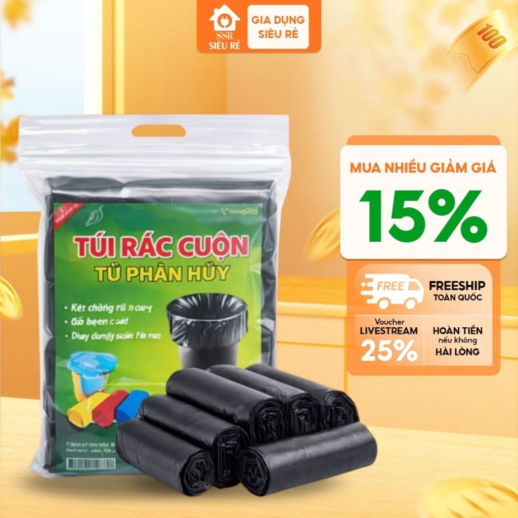 Túi Đựng Rác [COMBO 9 CUỘN] Tự Phân Hủy Size 55cmx65cm Bao Đựng Rác Đen Sinh Học Bảo Vệ Môi Trường