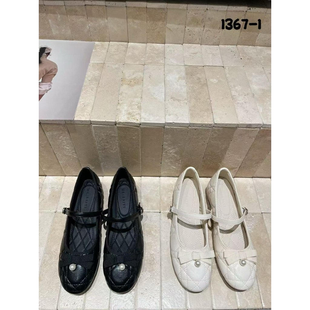 HÀNG CÓ SẴN 🎀Ballet Belle🎀 Giày Búp Bê Ngọc Trai Quai Ngang Dáng Độn 4cm Meibaiyi 1367-1