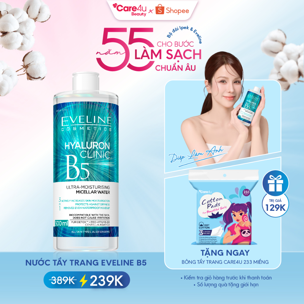 [EVELINE x DLA] Nước tẩy trang Eveline Hyaluron Clinic B5 và tinh chất rau má làm dịu da 500ML