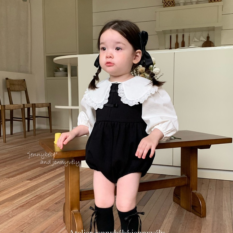 𝐀𝐩𝐫𝐢𝐥 𝐛𝐞́𝐛𝐞́ - Jenny Bebe SET Jumpsuit đen trắng xuân thu dễ thương phong cách Hàn cho bé 1 - 2 tuổi