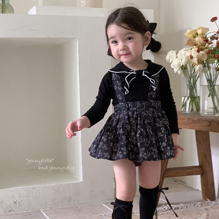 𝐀𝐩𝐫𝐢𝐥 𝐛𝐞́𝐛𝐞́ - Jenny Bebe Set Váy hoa nhí đen tiểu thư đáng yêu xuân thu Hàn Quốc cho bé 1 - 3 tuổi