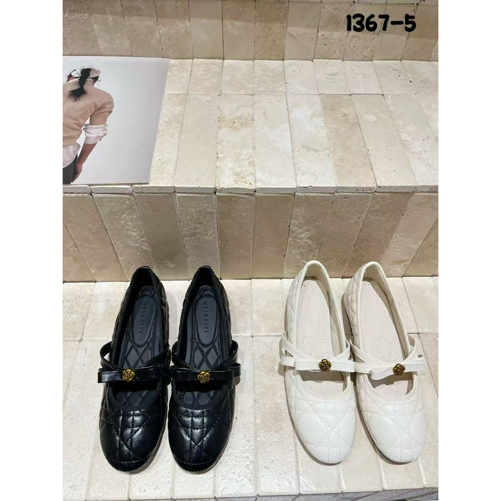 HÀNG CÓ SẴN 🎀Ballet Belle🎀 Giày Búp Bê Ballet Độn Đế 2.5cm Quai Hoa Trần Chỉ Da Mềm Meibaiyi 1367-5