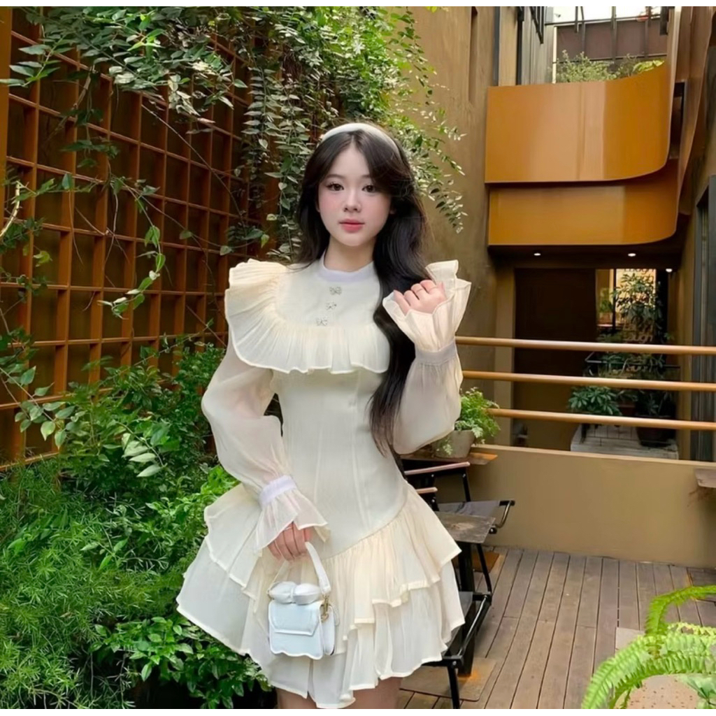 Váy dự tiệc tay bồng cổ tròn đính nơ đi tiệc đầm thiết kế xếp tầng sang chảnh HN Clothing V292