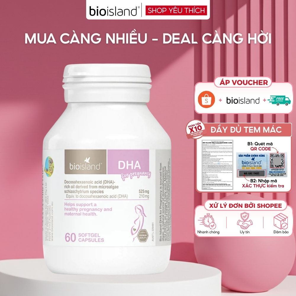DHA cho bà bầu BioIsland DHA và Calcium hữu cơ giúp phát triển trí não và hệ thần kinh thai nhi phát triển toàn diện 60v