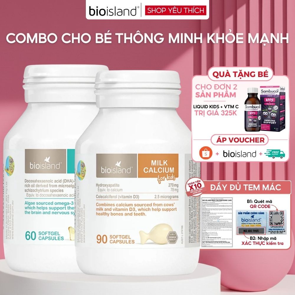 Combo viên uống DHA Bioisland và Canxi sữa Bioisland giúp bé phát triển trí tuệ và hệ xương răng chắ