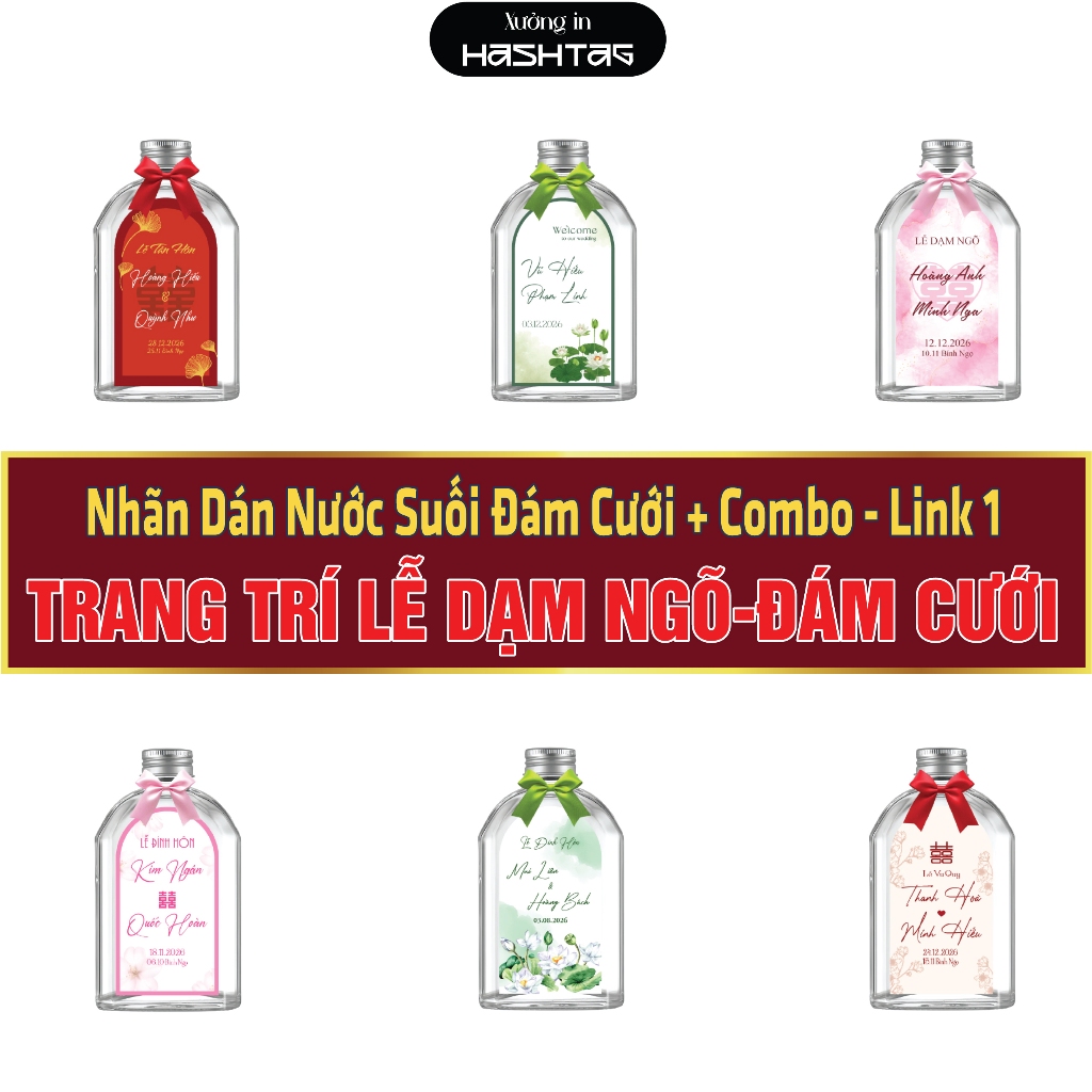 [Nhãn Chai Nước +Combo Chai Bầu Link 1 ] Nhãn dán nước suối + Combo (Nhãn dán + Chai Bầu 330ml + nơ)