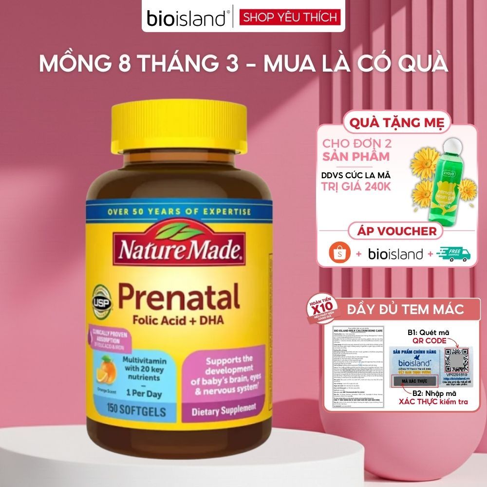 Vitamin tổng hợp cho mẹ bầu Prenatal Folic Acid + DHA Nature Made và Canxi giúp mẹ và thai nhi phát triển toàn diện