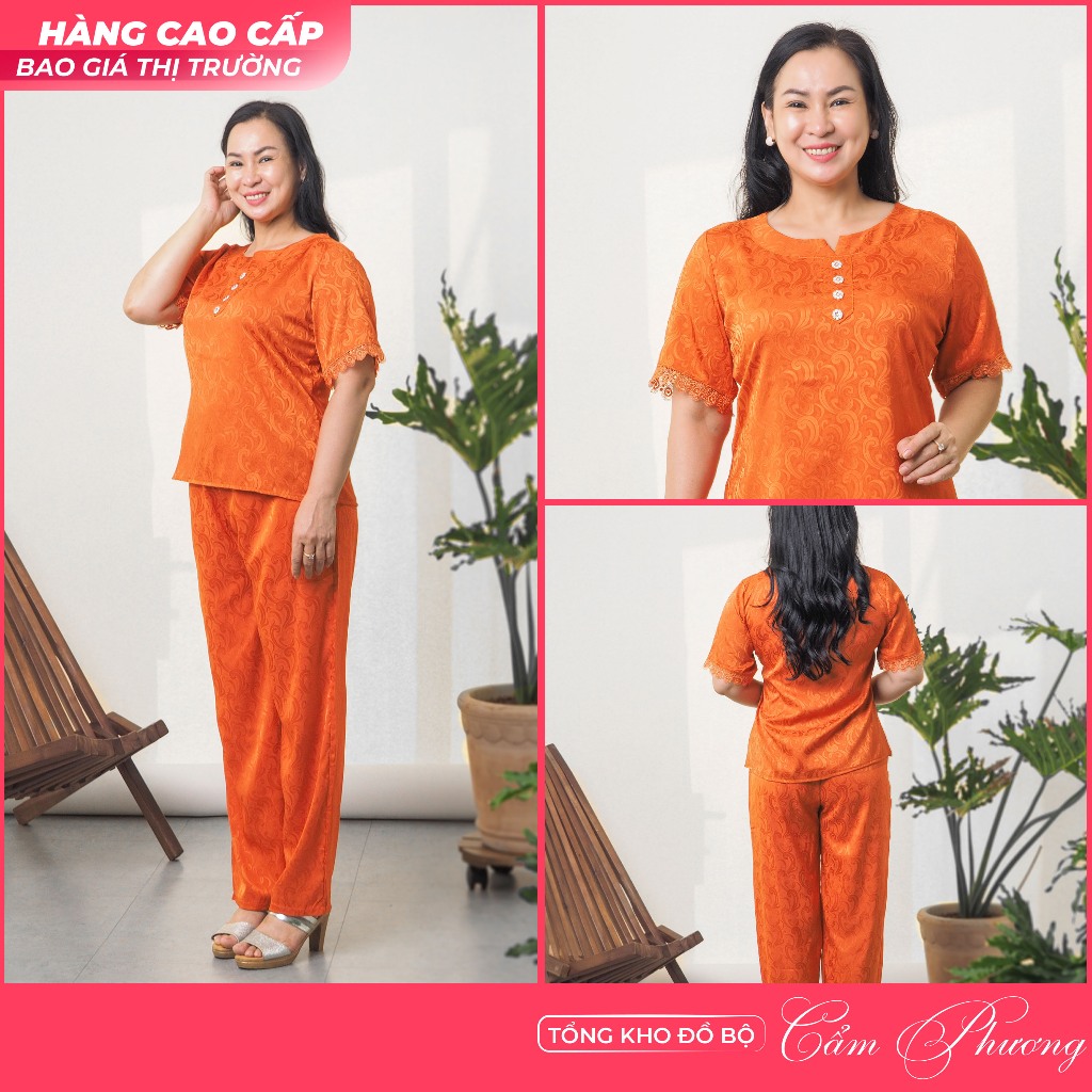 (𝐂𝐚𝐨 𝐂𝐚̂́𝐩) Đồ Bộ Trung Niên Lụa Gấm Dài Cao Cấp GADA001 Màu Cam - Dệt Kỹ - Thoáng Nhẹ - Bền Đẹp