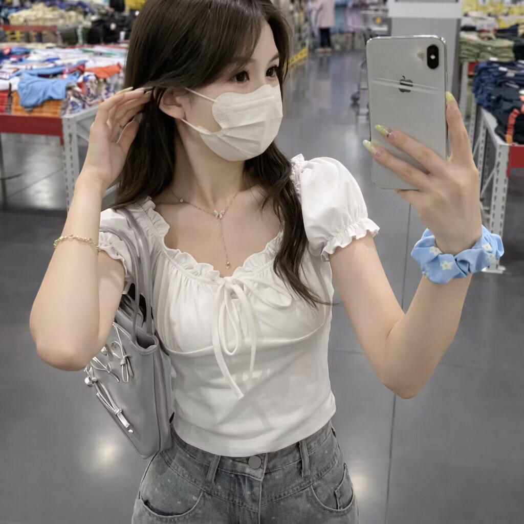 CÓ BIGSIZE - Áo nữ cổ vuông kiểu tiểu thư tay ngắn phối dây rút A260 | BigBuy360 - bigbuy360.vn